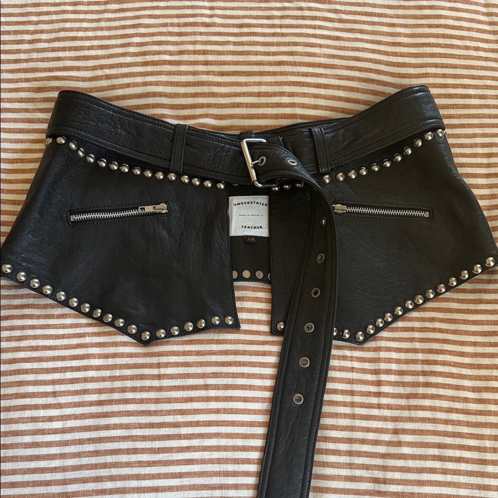 Black Studded Leather Hip Belt with Zippers